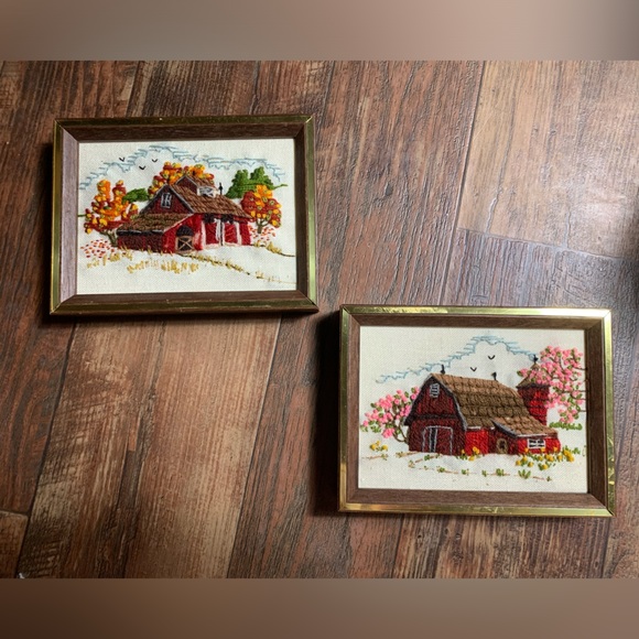 Other - 2 Small Old Barn Crewel Art Wood Rustic Kitchen Lodge Decor Cabin Farm Red Barn